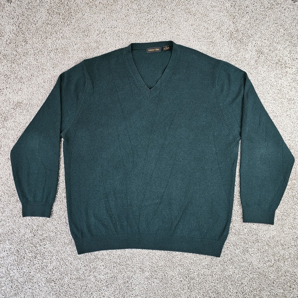 Roberto Villini Sweater Men's XL 100% Cashmere V-Neck Green Knit Vtg